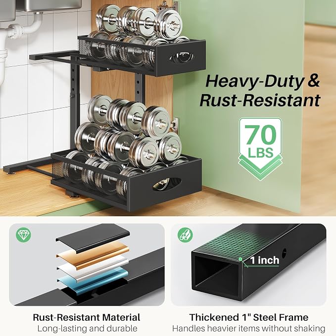 Under Sink Organizer, 1-Pack Pull Out Cabinet Organizer 2 Tier Metal Slide Out Storage Shelf Rack, L-Shaped Adjustable Height,Mesh Sliding Drawer for Kitchen, Bathroom, Laundry, Pantry, Black, XL