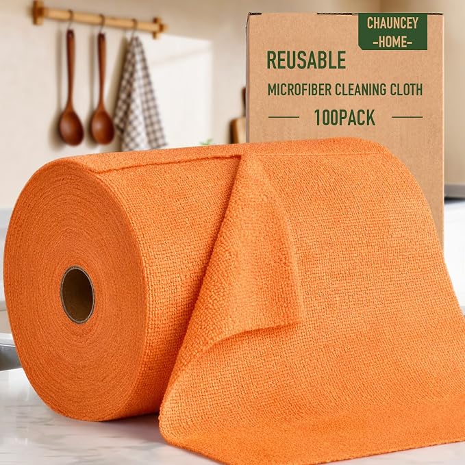 Microfiber Cleaning Cloth Roll–100 Pack, Tear Away Microfiber Towels, Reusable, Washable, Scratch-Free, Kitchen Towels for Car, Home, Kitchen, Glass, Dishes(Honey Orange)