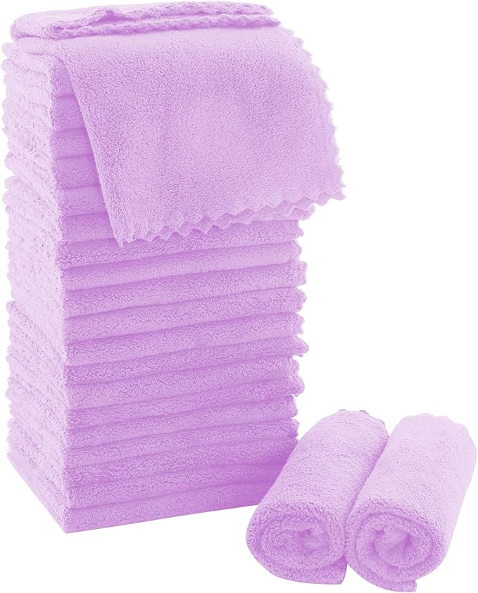 MOONQUEEN Ultra Soft Premium Washcloths Set - 12 x 12 inches - 24 Pack - Quick Drying - Highly Absorbent Coral Velvet Bathroom Wash Clothes - Use as Bath, Spa, Facial, Fingertip Towel (Purple)