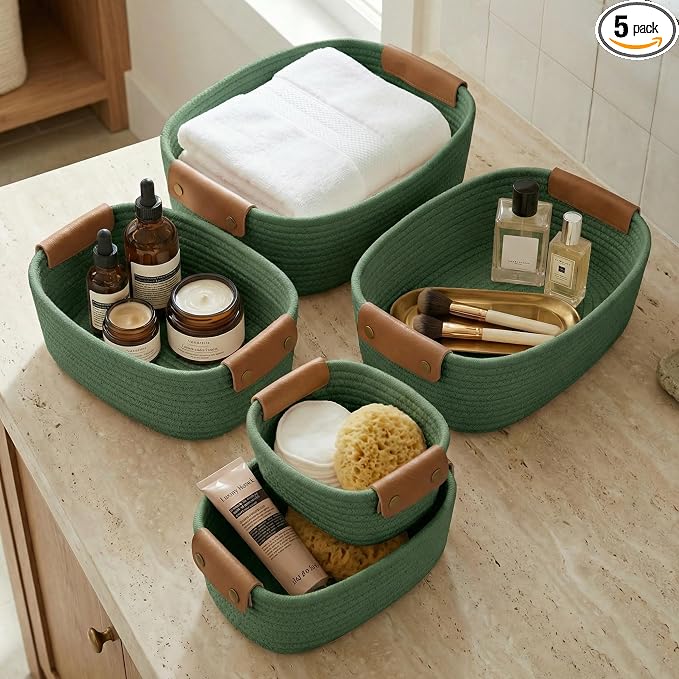 Beautiful Storage Basket Set of 5 - Sturdy Cotton Rope Baskets for Shelves | Perfect for Organizing Your Home - Quality Storage Bins Easily Fit with Any Nursery or Bedroom Decor