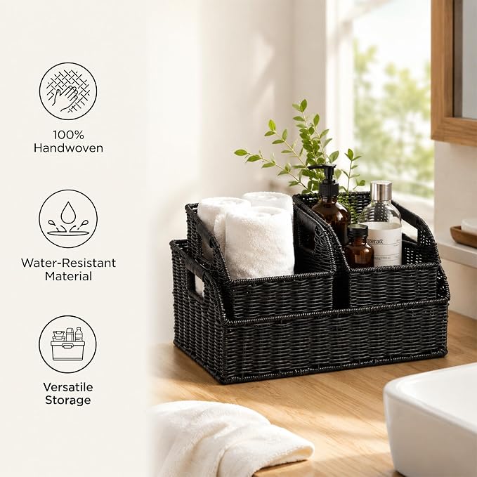 Brownlily Faux Wicker Pantry Storage Baskets, Black-Single Set (3-Piece) | Handwoven Baskets for Organizing with Built-in Handles, All-Purpose Storage Baskets with Chalkboard for Shelves,Laundry Room
