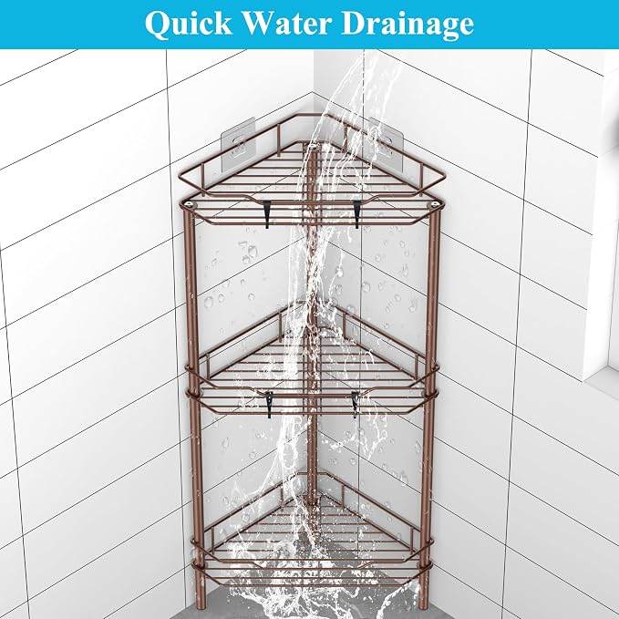 HuggieGems Metal Floor Standing Corner Shower Caddy, Coffee, 3 Tier | Adhesive Bathroom Organizer Shelves, Free Standing Shower Rack with Hooks, Hold Large Shampoo Bottles