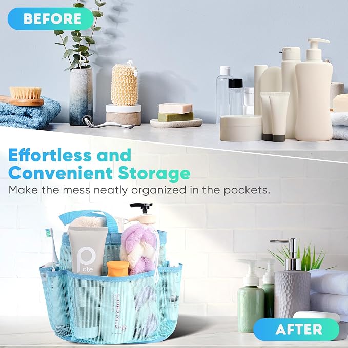 EUDELE 2 Pack Mesh Shower Caddy Portable for College Dorm Room Essentials, Shower Caddy Dorm with 9-Pocket Large Capacity,Shower Bag for Beach,Swimming,Gym All Black+All Ice Blue