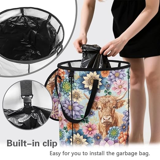 BIGCARJOB Boho Floral Big Trash Can with Lid, 22.83x17.71, Outdoor Recycling Bin Large Trash Can Outside Garbage Storage Bag for Camping Travel Beach, Highland Cow