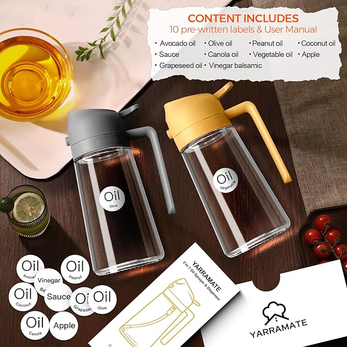 YARRAMATE 16 oz 2-in-1 Glass Olive Oil Sprayer for Cooking, Orange | Food-grade dispenser bottle, 470 ml, spray and pour, portion control, stickers included, for salad, frying and BBQ