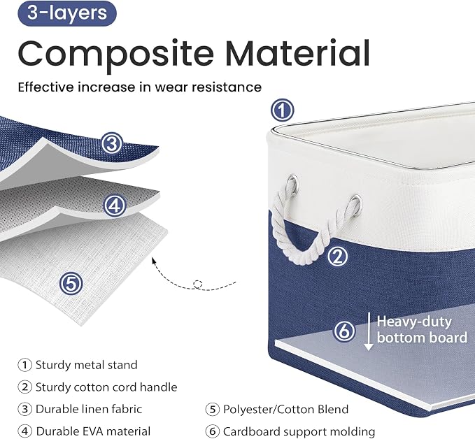 15x11x10 In Foldable Fabric Large Storage Bins with Handle 6 Pack | Organizer Baskets, Sturdy Metal Strand, Cardboard Support Molding, Storage Baskets for Shelves, Closet, Bedroom, White/Blue