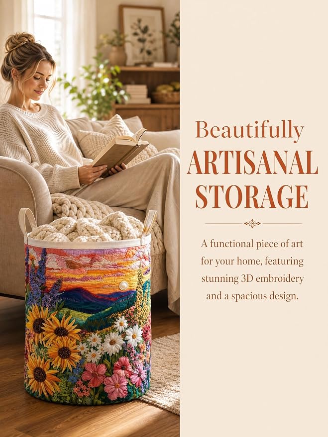 Quilted Laundry Basket with Handles, Boho Floral Quilted Storage Hamper, Large Capacity Laundry Hamper for Nursery Bedroom Laundry Room Home Decor (Pattern 02, Large (28"H x 20"W x 20"L))