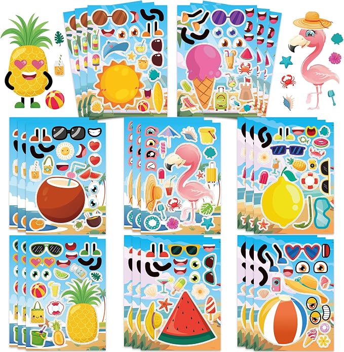 24 Sheets Summer Make a Face Sticker, Make Your Own Hawaii Stickers Flamingo Watermelon Pineapple Summer Stickers for Boy Girls Home School Classroom Crafts Activities Hawaii Party Favors