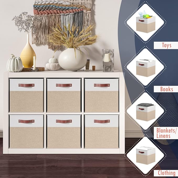 Ornavo Home 13x15x13 Foldable Fabric Storage Cube Bins, 6 Pack, White/Khaki | Collapsible Linen Shelf Basket Organizer; Leather Handles; Fits Cube Storage Shelving Units