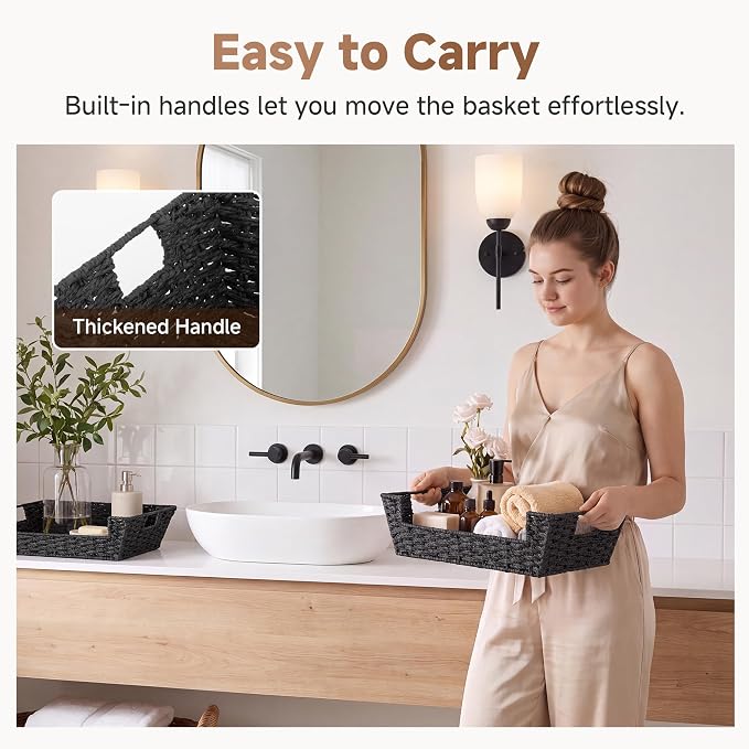 StorageWorks Pantry Baskets for Organizing, Large Storage Basket for Shelf | 2 Pack Wicker Baskets for Shelves, Snack Basket Organizer with Handles, Paper Rope Open Front Basket for Home Decor, Black