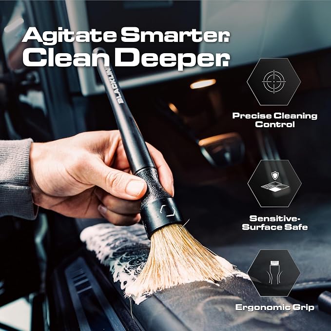 Car Detailing Brush Set, 2 Pack - Boars Hair Bristles, Interior | Boar hair bristles clean vents, emblems, seams, wheels & trim scratch-free. Chemical-resistant handles, safe on leather