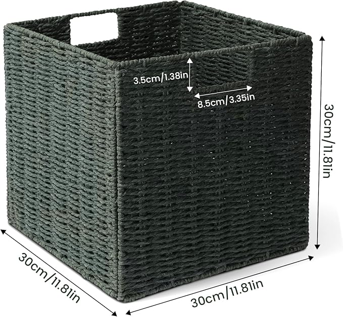 Set of 2 Hand-Woven Paper Rope Wicker Baskets, Storage Basket, Foldable Cube Storage Bins, Green Storage Cubes, Square Baskets for Organizing Shelves, 12x12x12in