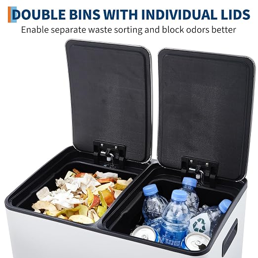 Garvee 16 Gal Dual Compartments Kitchen Trash Can, Stainless Steel, White | 2 x 30L Double Trash and Recycle Bin Combo, Removable Inner Bucket, Soft Close Lids, Metal Step Pedals, for Home Office