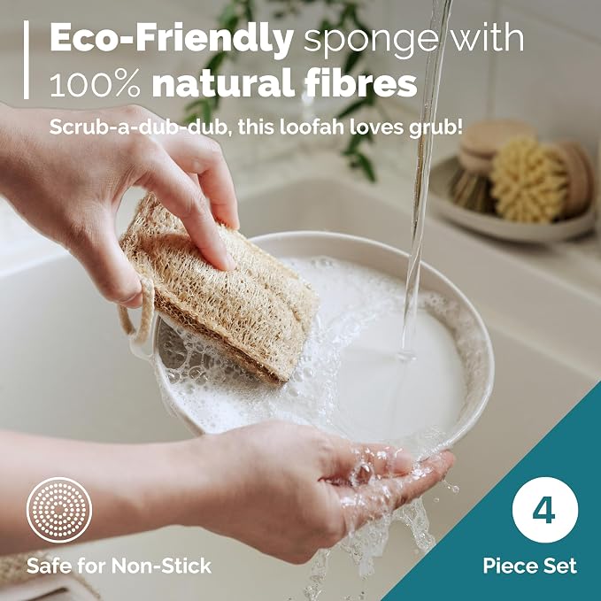 JUNGLE CULTURE Bamboo Dish Brush • 3 Swap Heads & Loofah Sponge • 4 Piece | Non Toxic Plastic Free Kitchen Brushes for Pots, Pans, Cast Iron, Jars & Vegetables • Natural Fiber Bristles