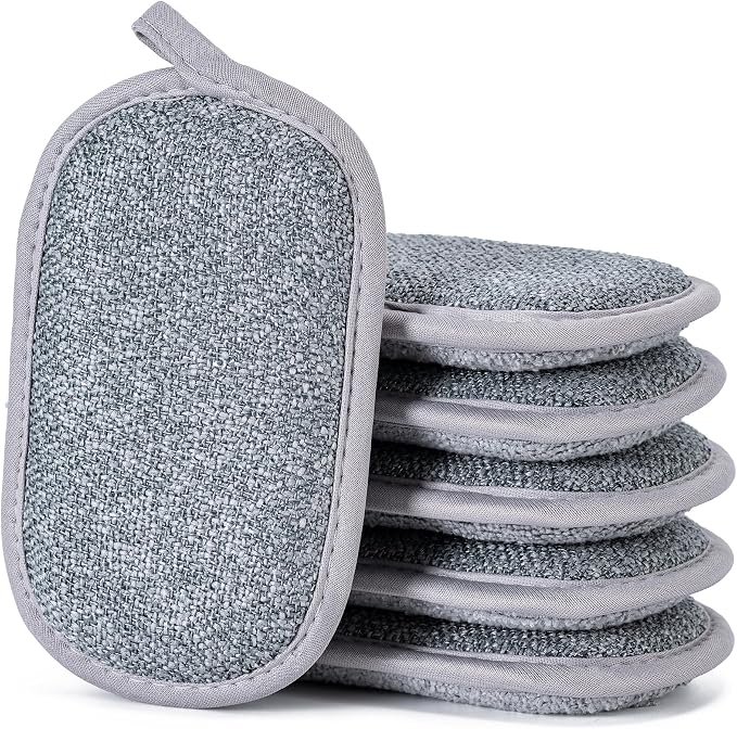 Non Scratch Scrub Sponge-6pack, Dual-Sided Sponges Kitchen(L,Gray) | Reusable Microfiber Sponge for Efficiently Cleaning Dishes, High Density Sponge Inside