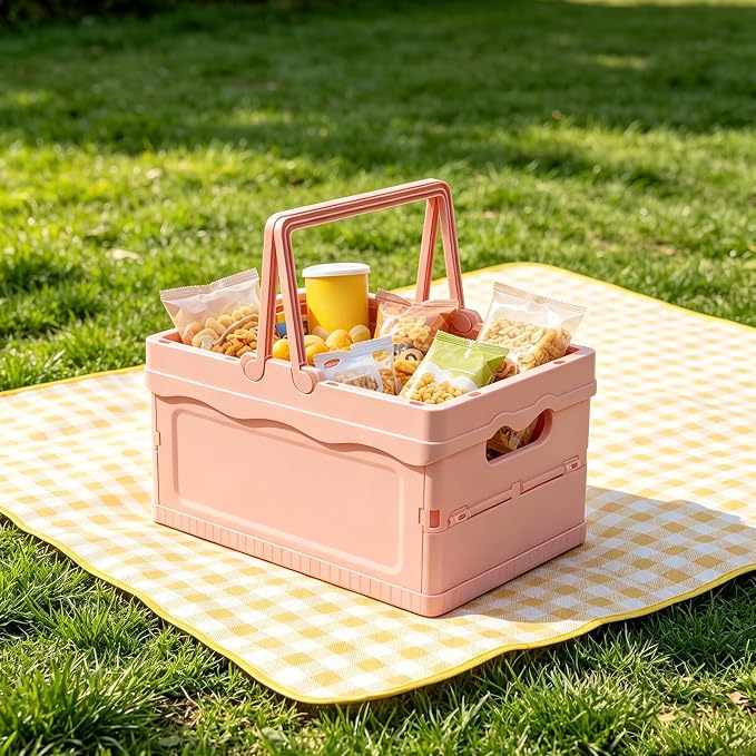 Foldable Small Plastic Baskets with Lids and Handles for Organizing,Collapsible Storage Crates, Stackable Bins for Home Kitchen Bedroom Bathroom Office (Pink, 12 * 8 * 7)