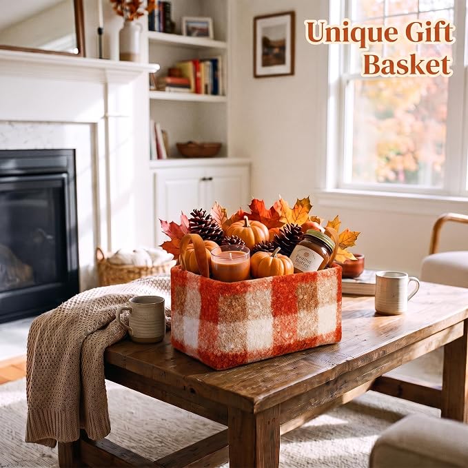 2 Pcs Orange Checkered Storage Basket 14x10'' Fall Gift Baskets | Back to School Gift, Plaid, Foldable, Fluffy Boucle, Laundry, Closet Organizer Bin with Handle, Autumn, Home Tabletop Car