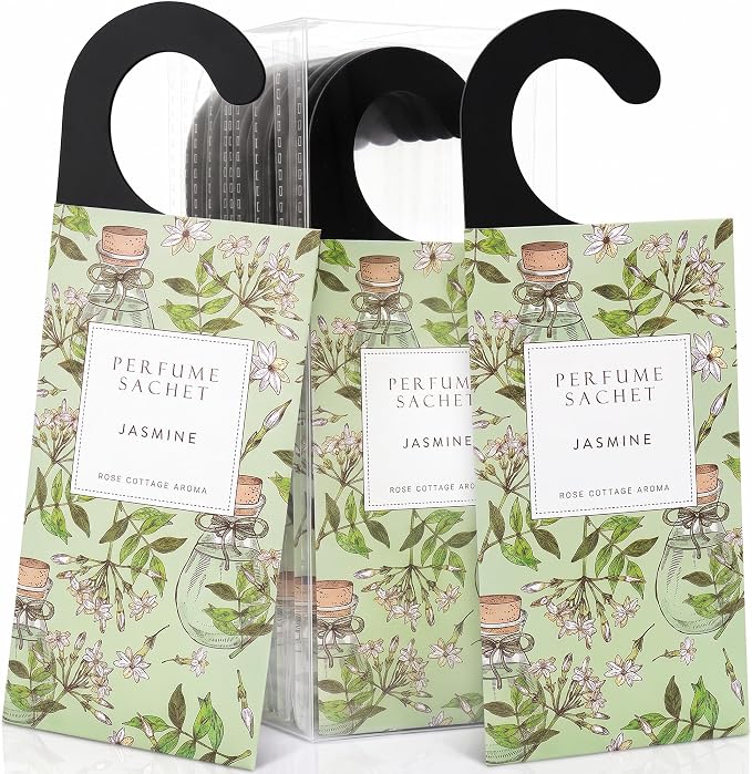 Large 12 Packs Jasmine Hanging Scented Sachets Long-Lasting Closet Deodorizer Air Freshener Fabric Refresher Odor Eliminator for Drawer Home Fragrance Gift Set
