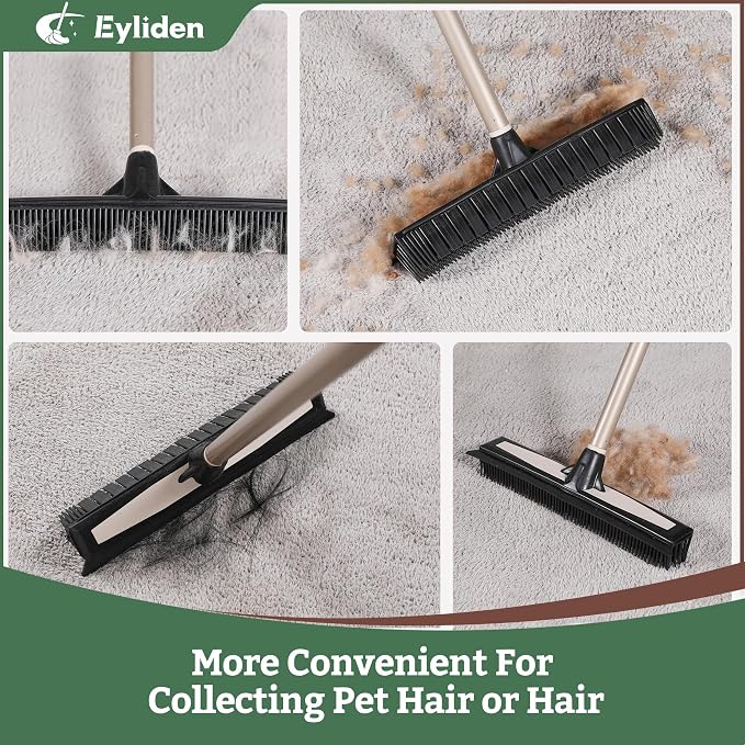 Eyliden Rubber Carpet Rake with Squeegee for Pet Hair & Floor Water Removal | 2-in-1 Push Broom, Fur Brush for Carpet Rug, Scrape for Liquid Spills on Hardwood Tile, 54" Telescopic Handle, 45° Angle Head