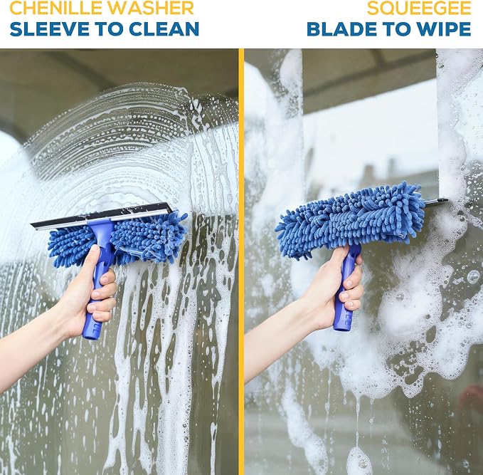 2-in-1 Window Squeegee with 60” Extendable Pole | Rotatable Glass Cleaner Tool for Commercial and Residential Use, 2 Reusable Sleeves and 14” Blade