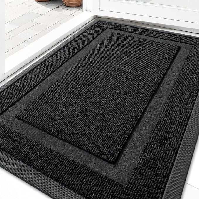 OLANLY Front Door Mat Outside 29.5x17, All-Season Heavy-Duty Rubber Doormat | Jet Black, Absorbent, Stain Fade Resistant, Waterproof Non-Slip Backing, Low-Profile Indoor Outdoor Floor Mat for Entryway