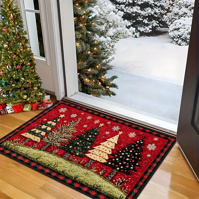 Christmas Tree Area Rug 15.7x23.6 Inch, Faux Cashmere Non Slip Floor Mat, Red Snowflake Holiday Rug for Entryway Bedroom Kitchen (Christmas Tree, 15.7x23.6inch)