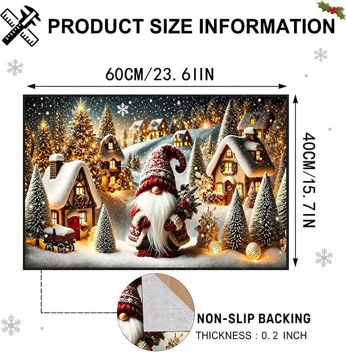 Christmas Gnome Area Rug 15.7x23.6 Inch, Faux Cashmere Non Slip Floor Mat, Snowy Village Holiday Rug for Entryway Bedroom Kitchen (Snowfield Gnomes, 15.7x23.6inch)
