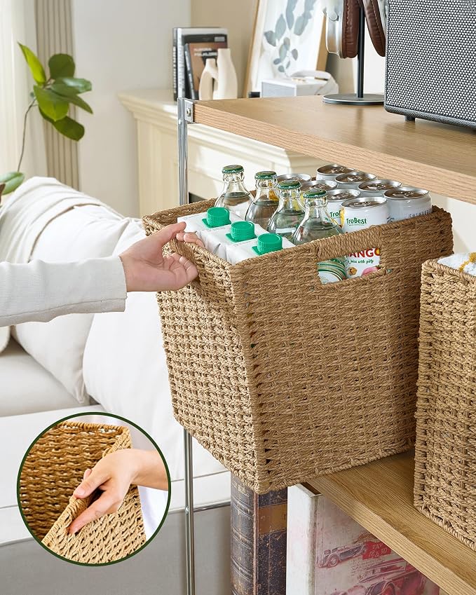 Paper Woven Foldable Storage Baskets 4 Pack, 11.4 Inch Cube Storage Bins, Handmade Paper Material Collapsible Organizer for Shelves & Home Organization, Ideal for Clothes Books Toys Snacks (Natural)