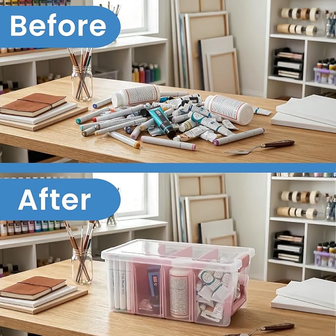 ArtBin Semi Satchel Portable Craft Organizer with 3 Dividers - Clear Plastic Storage Case for Art & Craft Supplies | 3 Removable Dividers, 15.2 x 8 x 6.2 Inches, Secure Latches, Carry Handle, Clear Durable Polypropylene