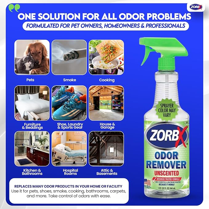 ZORBX Unscented Odor Remover Spray 32 oz - Perfect Solution for Strong Odor - Advanced Trusted Formula & Fast-Acting Odor Eliminator for Dog, Cat, Puppy | Permanent Odor Remover for Pet & Human Urine, Fabric, Smoke & Strong Odors, Carpet, Upholstery, M...