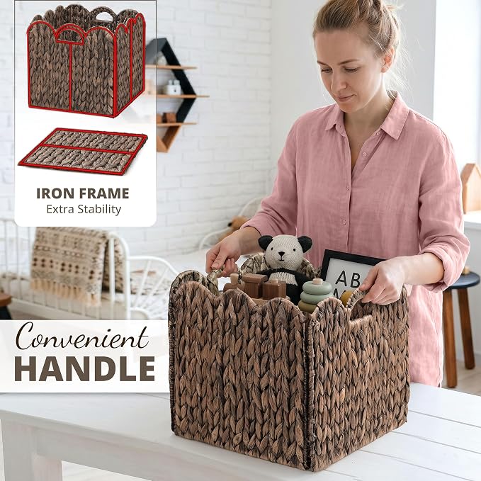 Set of 4 Foldable Scalloped Wicker Storage Cubes Basket, Storage Cube Bins -12"x12"x12", Collapsible Cube Organizers, Water Hyacinth Woven Bins for Bathroom, Bedroom, Shelves,...(Espresso Color)