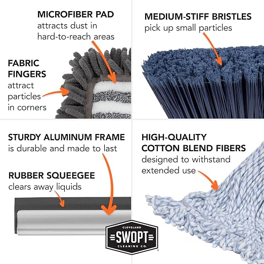SWOPT 7-Piece Ultimate Indoor Kit — Includes 48” and 60” Wooden Handles, Dust Mop, Cotton Mop, Angle Broom, Flexible Duster, Window Squeegee, and Organizer — Everything You Need to Clean Indoors