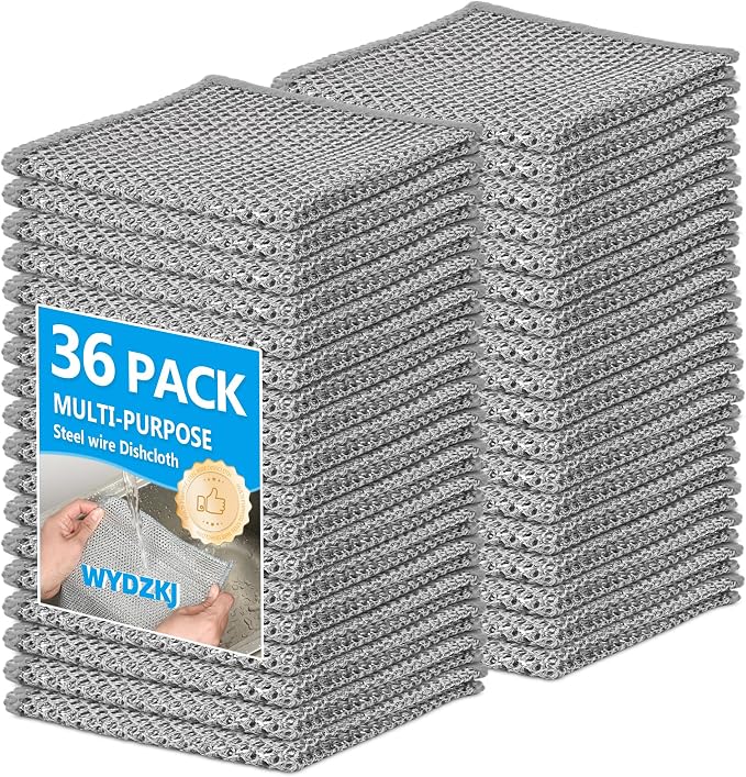 36Pack Multipurpose Wire Dishwashing Rags, Upgrade Non Scratch Wire Dishcloth, for Wet and Dry Use, Reusable Metal Scrubbing Microfiber Clean Cloths for Home/Kitchen/Stove