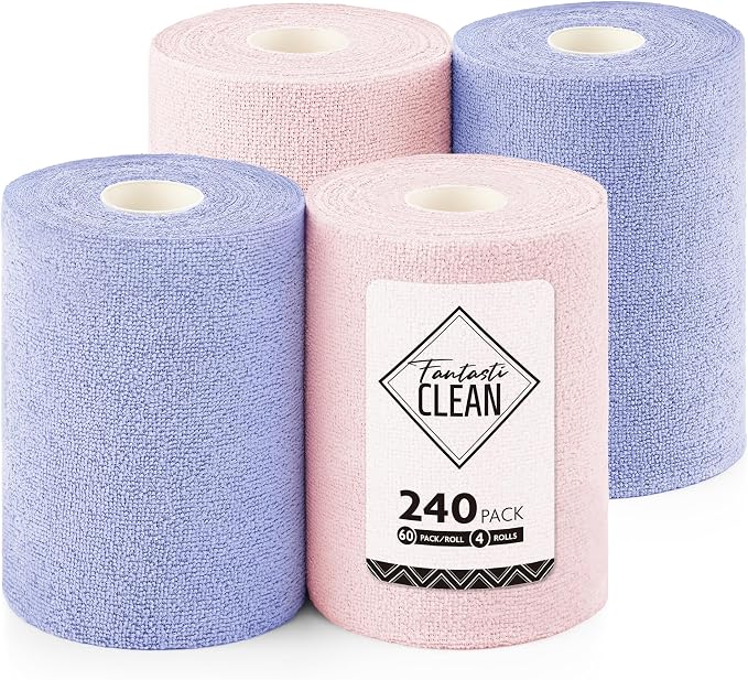 Fantasticlean Microfiber Cleaning Cloth Roll 240Pack, Pink and Light-Purple | Tear Away Towel Roll 8" x 8", Reusable Paper Towels, Rags for Kitchen, Pet, Dust, Car, Office, Cleaning Supplies, 4 Rolls