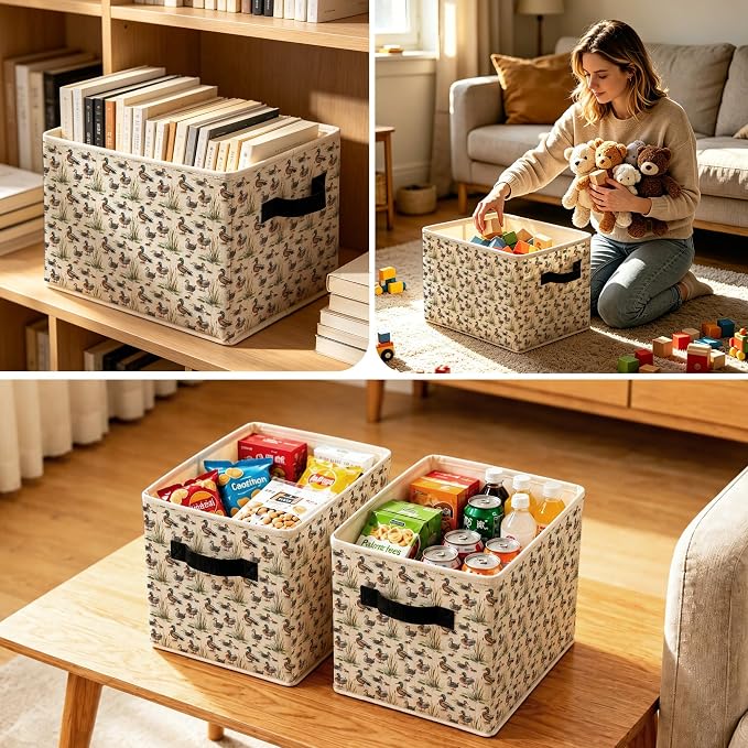 Rustic Mallard Duck Storage Bins Box, Farmhouse Countryside Waterfowl Mallard Duck Foldable Storage Basket with Handles for Bedroom Bathroom Home Toys Clothes Books Organizer