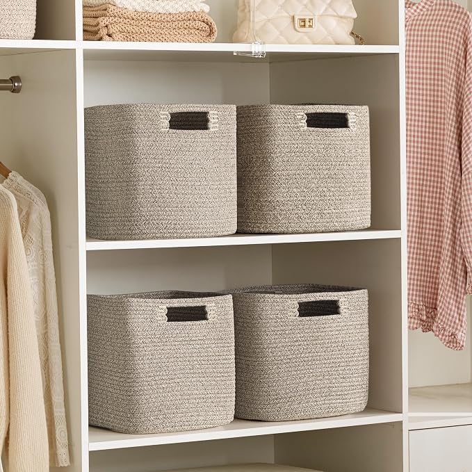 UBBCARE Set of 4 Storage Basket-12 X 12 X 12 in, Cotton Rope Basket for Shelves, Toys, Book, Cube Storage Bins with Handles, Woven Storage Baskets for Organizing, Mix-Brown