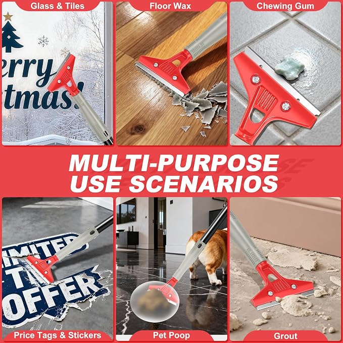 Floor Scraper Long Handle Heavy Duty, 30"-58" Long, 4" Wide Blade | Razor Blade Floor Scraper Tool, For Cleaning Stickers Gum Paint Hardwood Floor Wall Glass Tile Grout, 10 Extra Blades