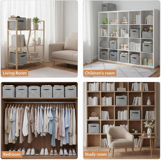 3 Pack Large Collapsible Storage Baskets for Shelves,14.9"x9.5" Fabric Closet storage Boxes with Leather Handles,Decorative Organizers Storage Bins for Clothes,Sheets,Toys,Books,(Houndstooth