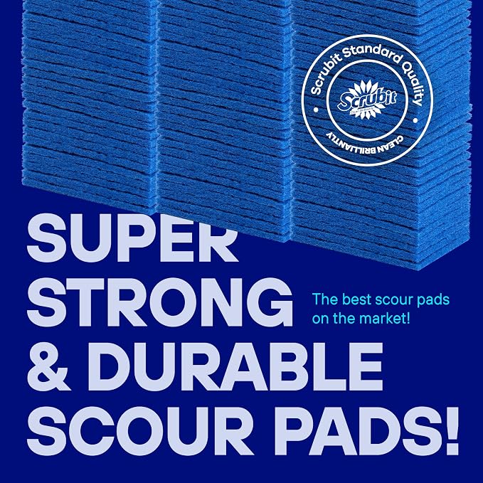 SCRUBIT 50 Pack Scouring Pad - Heavy Duty Scrub Pads for Cleaning Dishes - Non-Scratch Reusable Scrubbing - Blue