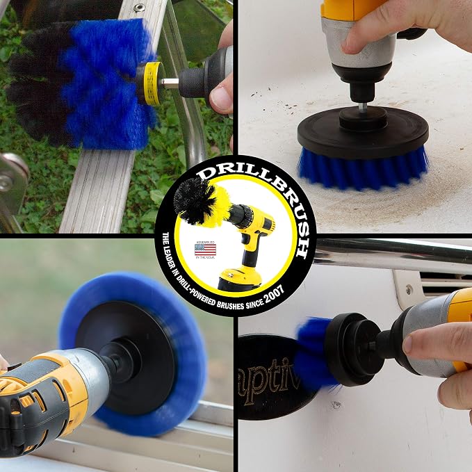 Drillbrush Blue - Boat Cleaning Drill Brush Attachment Set - Aluminum | Wood - Personal Watercraft Detailing - Fiberglass Hull Cleaning Kit - Kayak Accessories - Deck Brush