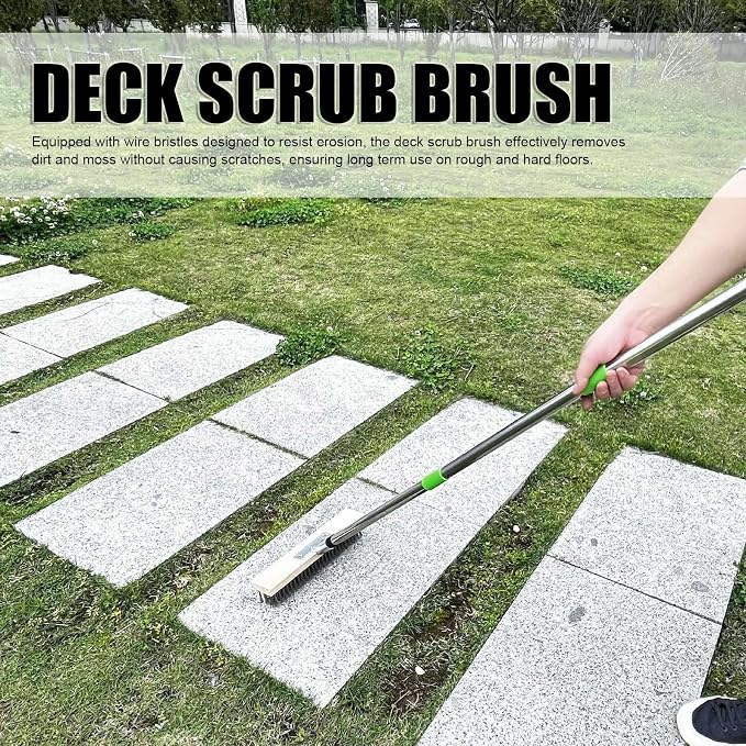 Deck Scrub Brush | 50cm Wide Stainless Steel Wire Broom for Concrete/Patio/Garage | Long Handle Adjusts 40-160cm, Clears Moss & Stubborn Debris