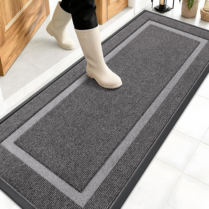 OLANLY Front Door Mat Outside 59x20, All-Season Heavy-Duty Rubber Doormat | Dark Grey, Absorbent, Stain Fade Resistant, Waterproof Non-Slip Backing, Low-Profile Indoor Outdoor Floor Mat for Entryway