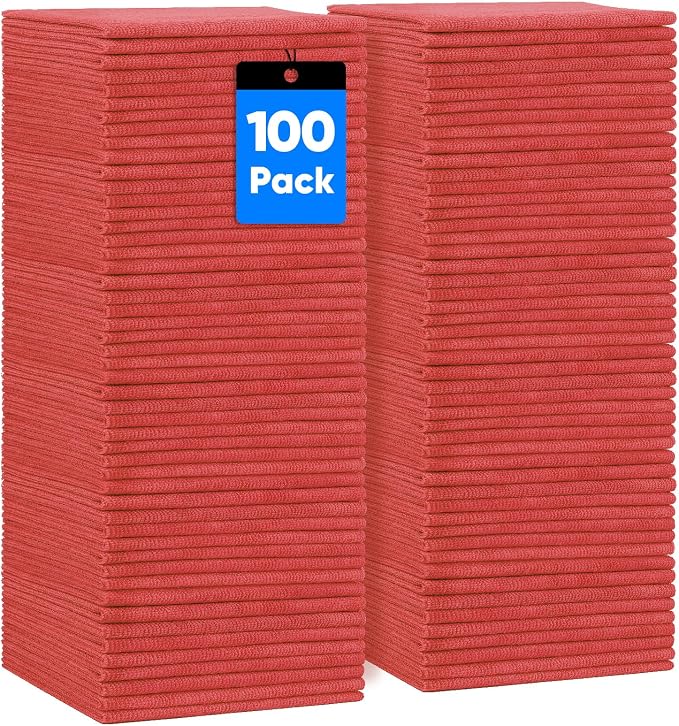 HOMEXCEL Red Shop Towels 100 Pack, Reusable Microfiber Cleaning Cloth Bulk, Multipurpose Microfiber Towels for Cars, House and Kitchen, Highly Absorbent Cleaning Rags 11.5 x 11.5 inch
