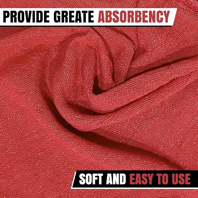 Premium Red 100% Cotton Shop Towels, 12 Pack, 13”x14”, Reusable Cleaning Shop Rags, Absorbent Mechanic Rags for Automobiles, Oil, Grease, Car Washing, Industries, Garage, Bar, and Home Use