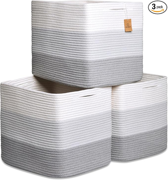 NaturalCozy 13x15x13 Kallax Storage Cubes Bins, 3 Pack | Cotton Rope Cube Storage Bin Woven Baskets for Organizing | Kallax Insert Storage Baskets for Shelves Organizer, Kids Toy, Closet Baby Nursery