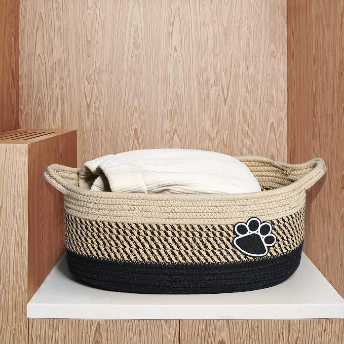 Small Woven Baskets for Organizing Rope Storage Basket with Handle Cute Cotton Nursery Gift Dog Toy Bins Organizer-Light Beige