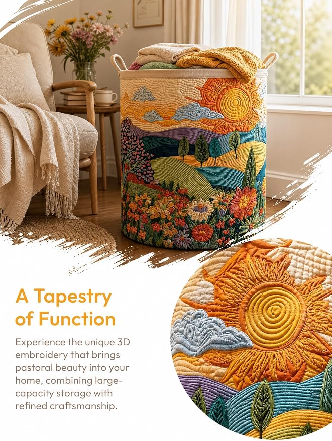 Quilted Laundry Basket with Handles, Boho Floral Quilted Storage Hamper, Large Capacity Laundry Hamper for Nursery Bedroom Laundry Room Home Decor (Pattern 08, Medium (22"H x 16"W x 16"L))