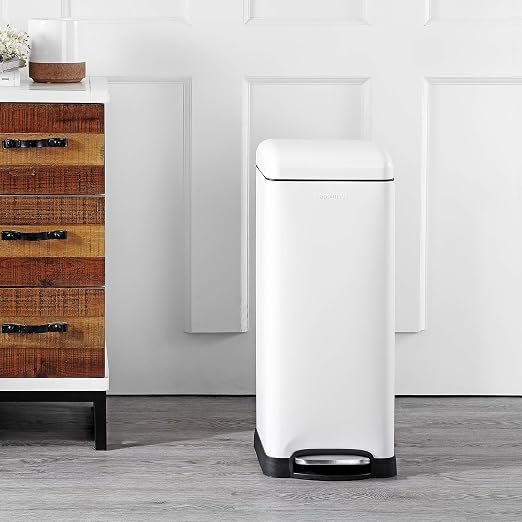 happimess Betty 8 Gal Step Trash Can Soft-Close Lid, Cotton White | Fingerprint Resistant, Removable Liner, Semi-Rectangular, Steel Pedal, Iron Powder Coated, 27" Height, Non-Skid Base