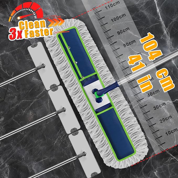 41" Large Commercial Dust Mop Push Broom for Janitor Dry Sweeping | Industrial Grade, 2 Heavy Duty Lint Free Pads, 43-57" Handle, 360° Swivel, Extra Wide for Garage Warehouse Gym Shop