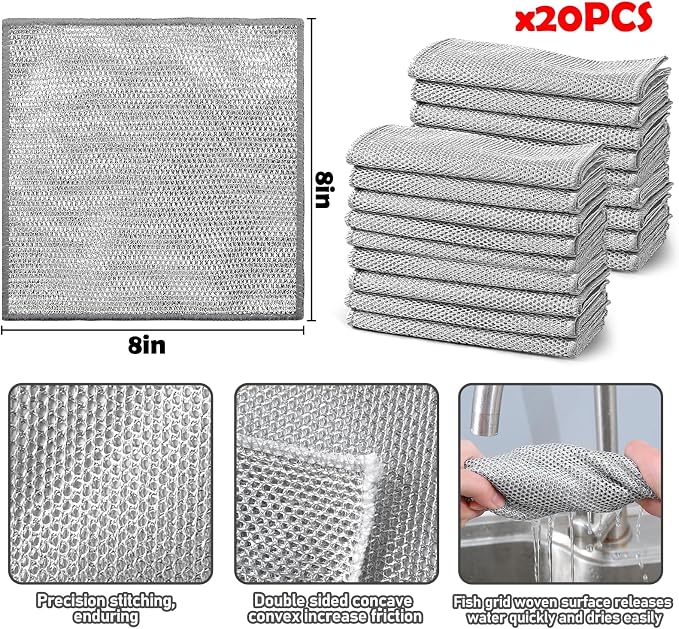 XANGNIER 20 Pcs Multipurpose Wire Dishwashing Rags for Wet and Dry,2024 New Multifunctional Non-Scratch Wire Dishcloth,Wire Cleaning Cloth,Non Scratching Metal Wire Rag for Kitchen,Counter,Dishes,Sink | Multipurpose Steel Wool Cleaning Cloths,Wet & Dry...